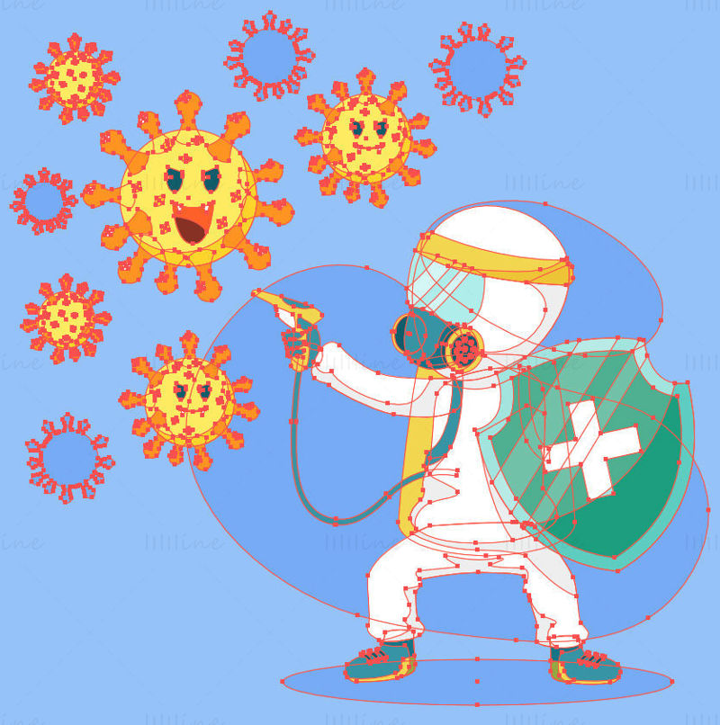 Bărbat în costum de protecție ucide coronavirus, ilustrație vectorială