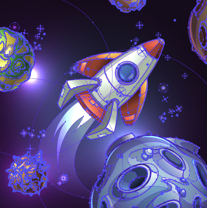 Cartoon universe rocket planets vector