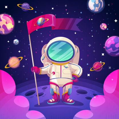 Astronaut landing on planet with flags vector illustration