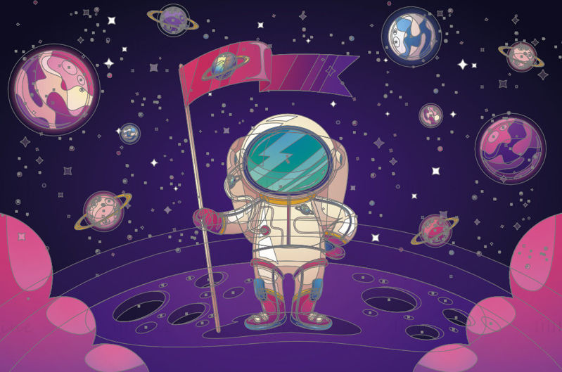 Astronaut landing on planet with flags vector illustration