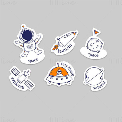 Vector cartoon space element sticker, astronaut, rocket, moon landing, satellite, UFO, Saturn