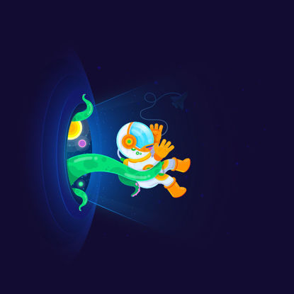 Astronaut caught by universe monster octopus, vector illustration
