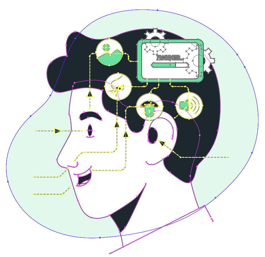 Brain processing information vector illustration, hearing, taste, sight