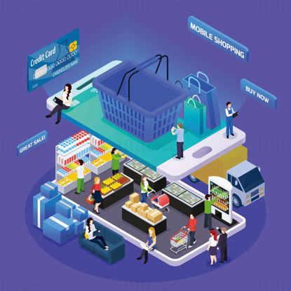 Mobile shopping supermarket vector illustration