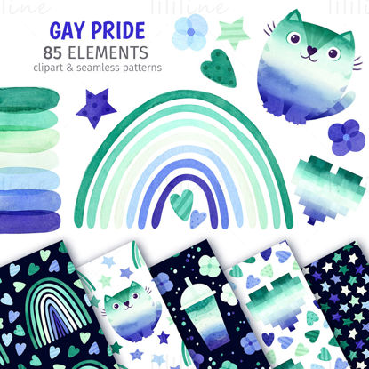 Gay pride watercolor clipart & seamless patterns. Gender Queer clip art PNG, LGBTQ  pride.