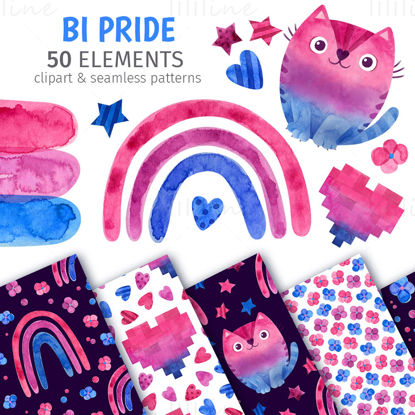 Bisexual pride watercolor clipart and seamless patterns. Bi clip art, LGBTQ pride month, Gender Queer