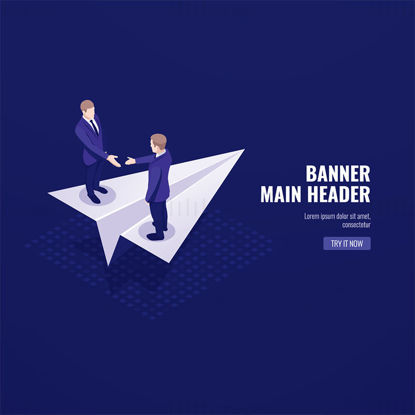 Handshake standing on a paper plane vector banner illustration