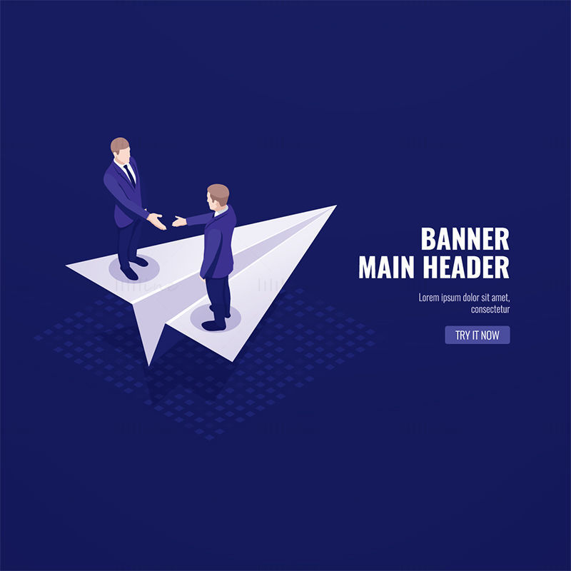 Handshake standing on a paper plane vector banner illustration