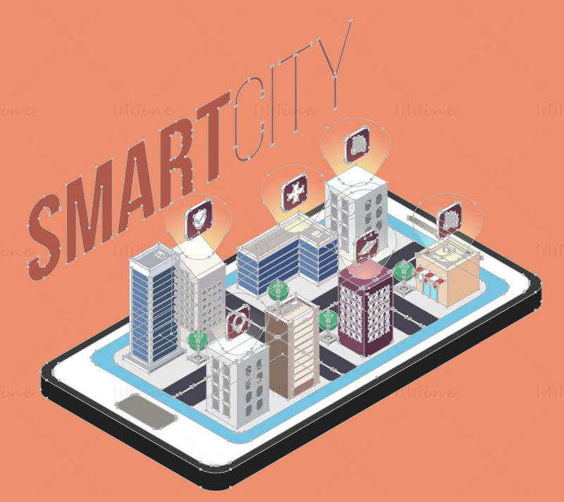 Smarty city on mobile phone, vector creative illustration