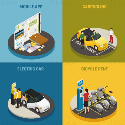 Application mobile, covoiturage, voiture électrique, scène vectorielle de location de vélos