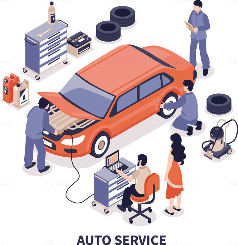 Illustrazione vettoriale del servizio di riparazione per la manutenzione dell'auto