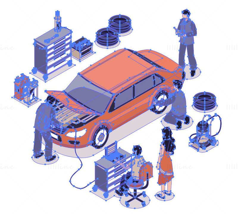 Illustrazione vettoriale del servizio di riparazione per la manutenzione dell'auto