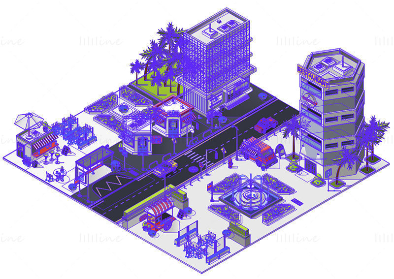 City block isometric vector scene