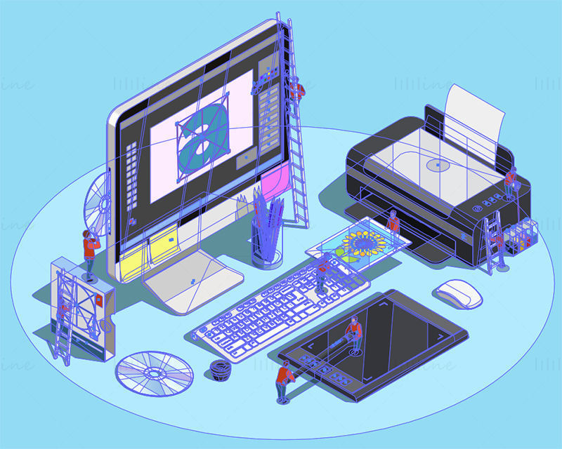Graphic design and print isometric vector illustration