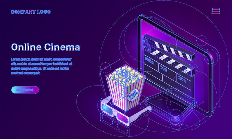 Online cinema video website isometric vector banner landing page
