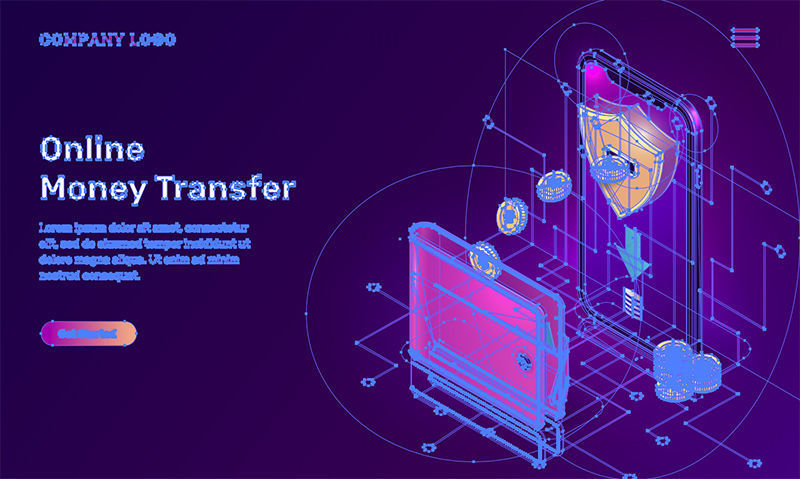Página de destino isométrica del vector de transferencia de dinero de seguridad