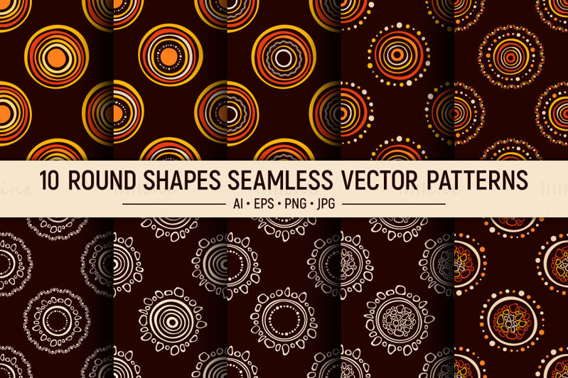 10 Handdrawn round shapes seamless vector patterns