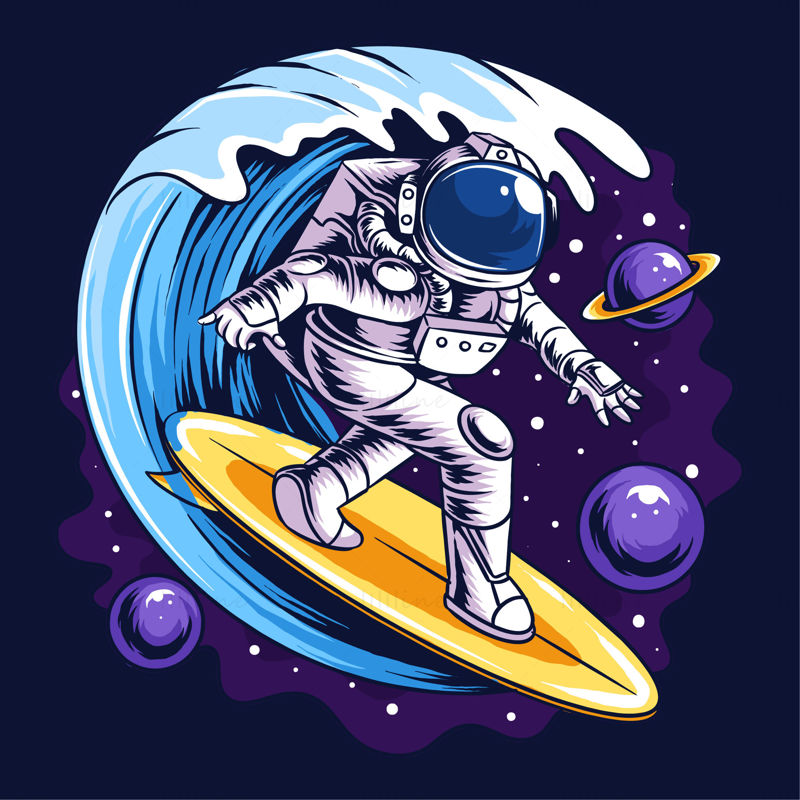 宇宙飛行士のスケートボードとサーフィンの宇宙イラストベクトル素材