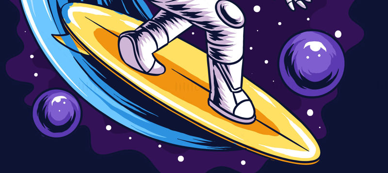 Astronaute skateboard et surf dans le matériel de vecteur d'illustration de l'univers