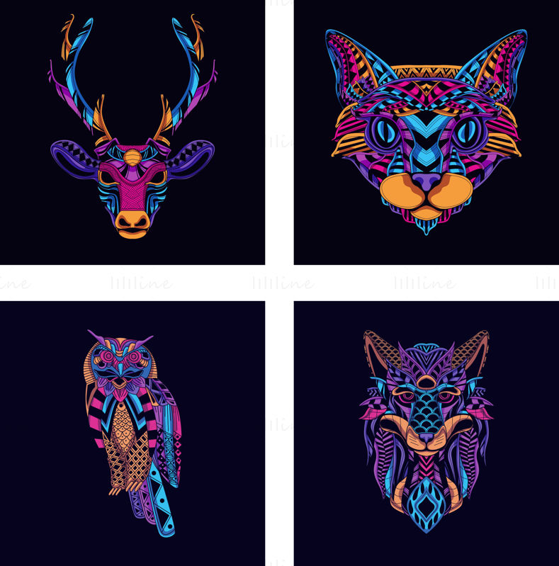 Zvířecí vektorové ilustrace, jelen, kočka, vlk, hlava sovy