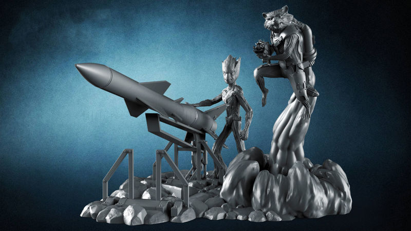 Ракета Енот против статуи Грута 3D модель готова к печати