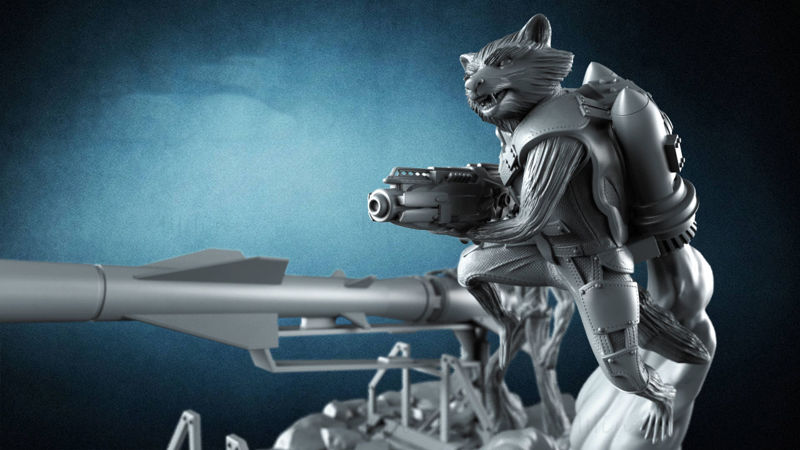 Rakéta Raccoon vs Groot szobor 3D-s modell nyomtatásra készen