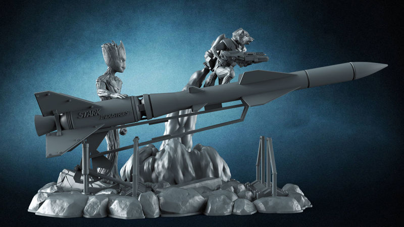 Rakéta Raccoon vs Groot szobor 3D-s modell nyomtatásra készen