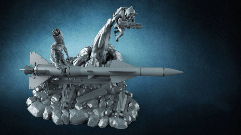 Rocket Raccoon vs Groot statuie Model 3D Gata de imprimat