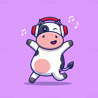 Vaca de dibujos animados escuchando música vector