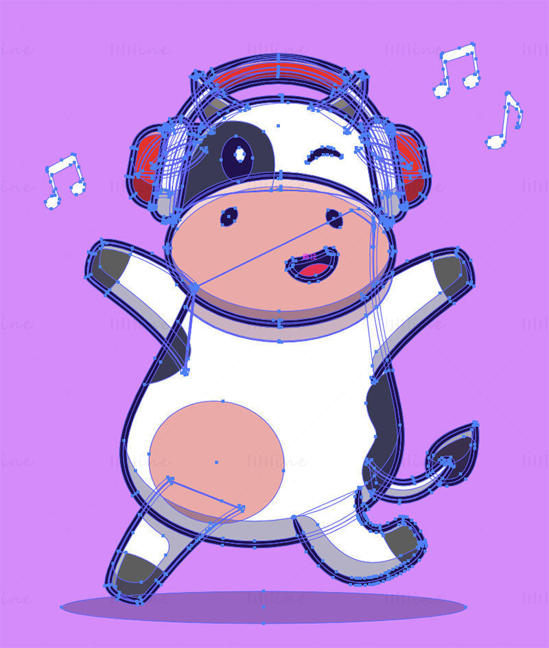 Vaca de dibujos animados escuchando música vector