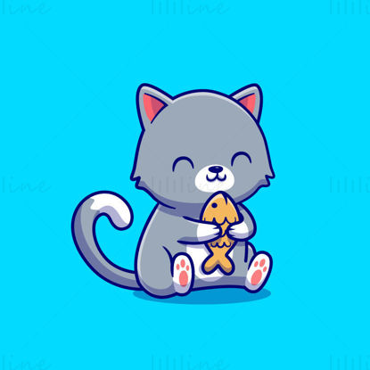 Cartoon kitten and fish vector