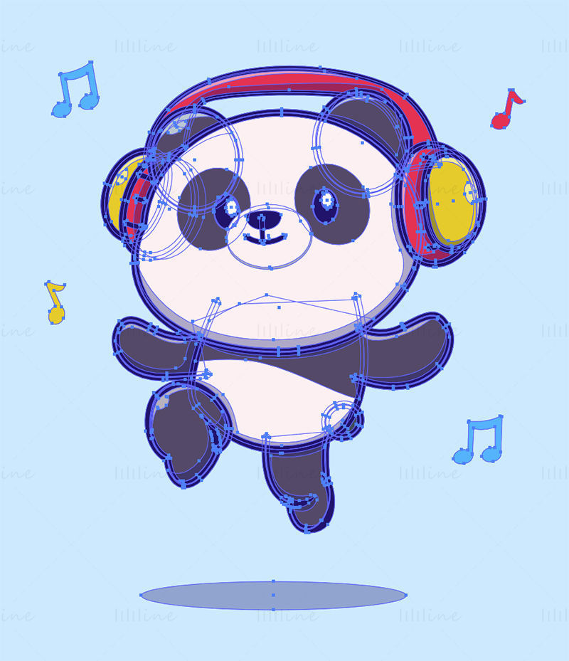 Panda de dibujos animados escuchando música, usando auriculares, bailando