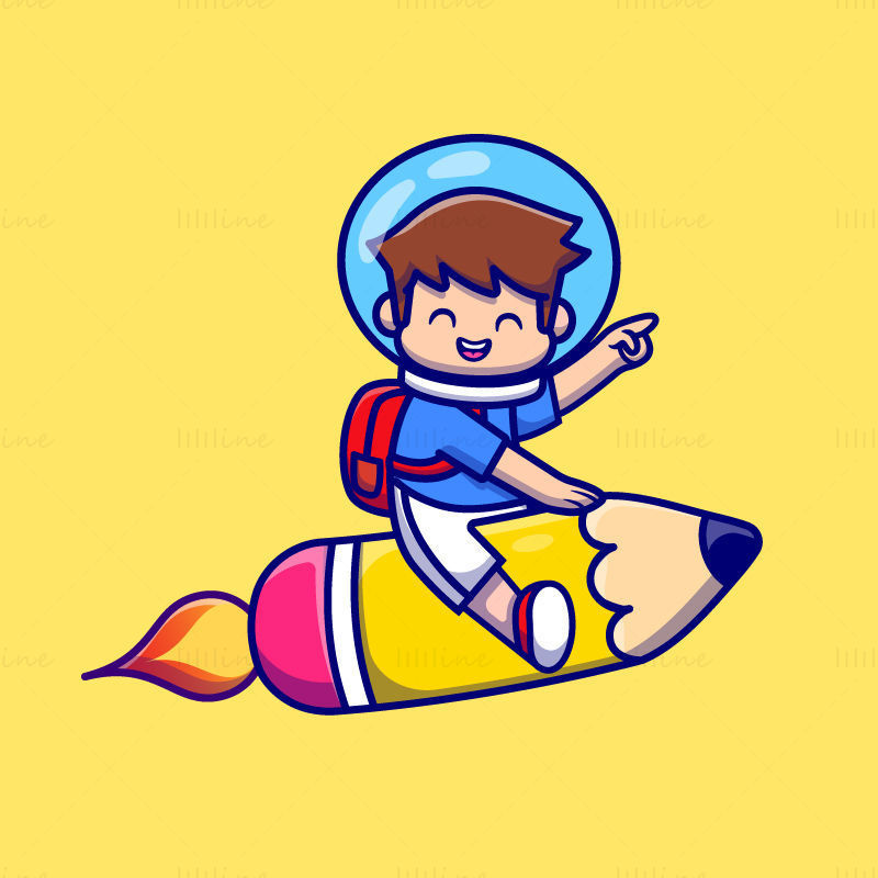 男孩宇航员乘坐铅笔火箭 矢量图形