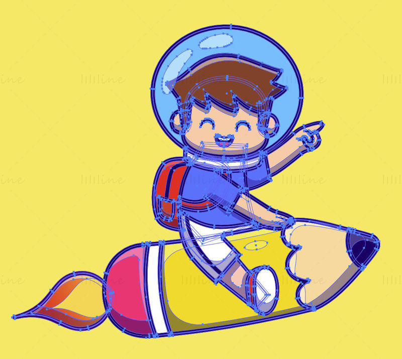 Ragazzo astronauta in sella a un vettore di razzo a matita
