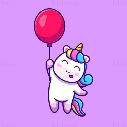 Unicorno cartone animato con palloncino in mano vettore