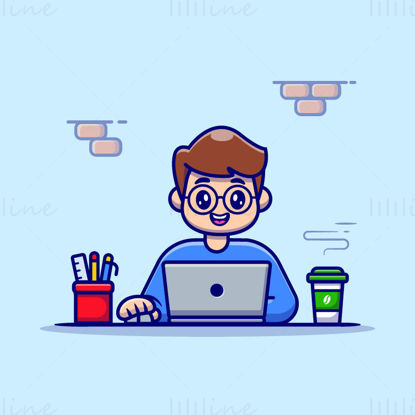 Personaggio maschile dei cartoni animati che lavora davanti al vettore del laptop