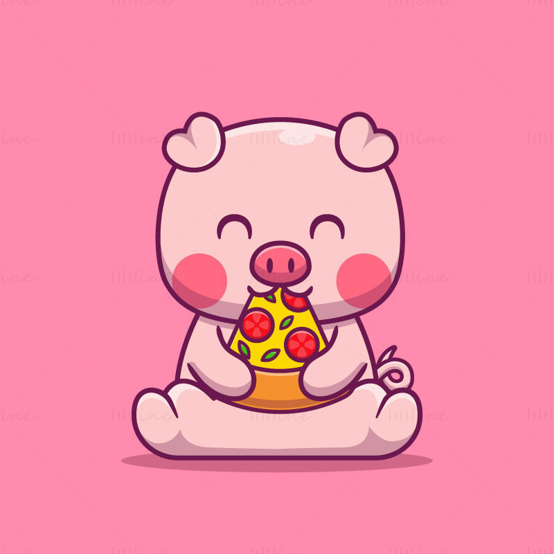 Cartoon piggy eating pizza vector