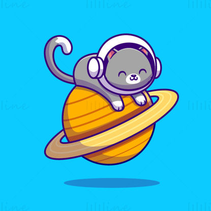 Cartoon astronaut cat lying on Saturn planet, vector