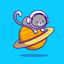 Cartoon astronaut cat lying on Saturn planet, vector