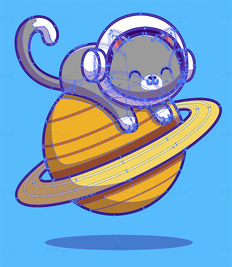 Cartoon astronaut cat lying on Saturn planet, vector