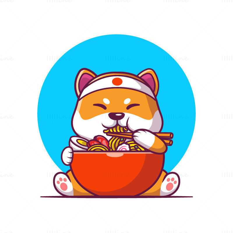 Cartoon Shiba Inu dog eating noodle, vector