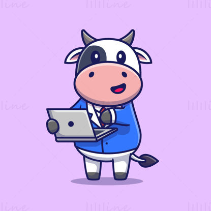 Cartoon business cow vector playing laptop