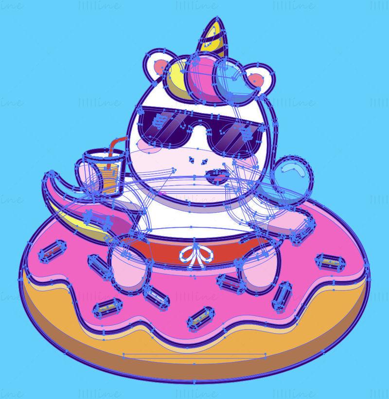 Cartoon unicorn sitting on a donut drinking, vector
