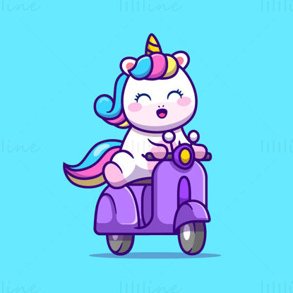Cartoon unicorno in sella a una moto elettrica, vettore