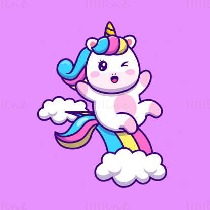 Cartoon unicorn sliding rainbow slide, vector