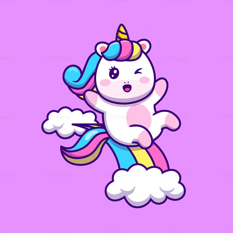 Cartoon unicorn sliding rainbow slide, vector