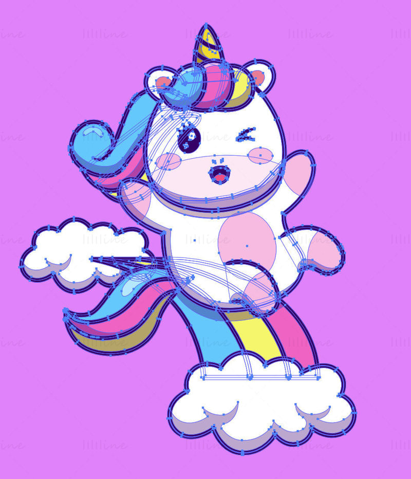 Scivolo arcobaleno scorrevole unicorno cartone animato, vettore