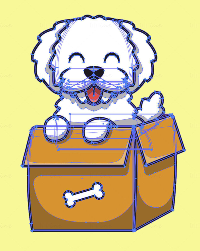 Cucciolo di cartone animato in scatola, vettore