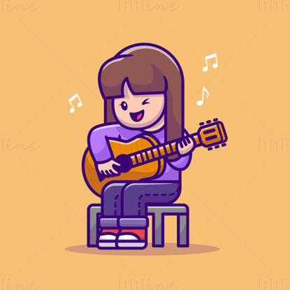 Fille de dessin animé jouant vecteur de guitare