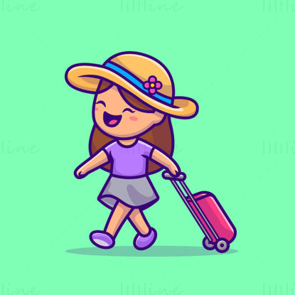 Fille de dessin animé aller voyager avec le vecteur de bagages